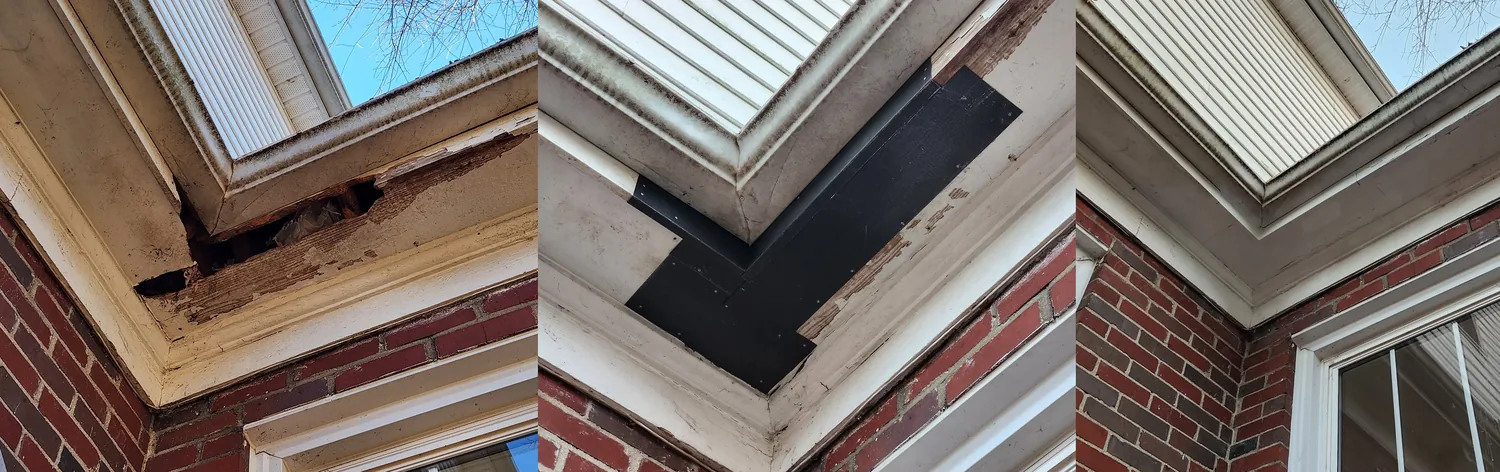 Three photographs of the same roof corner: the open gap, the flashing fitted in, and the finished repair.