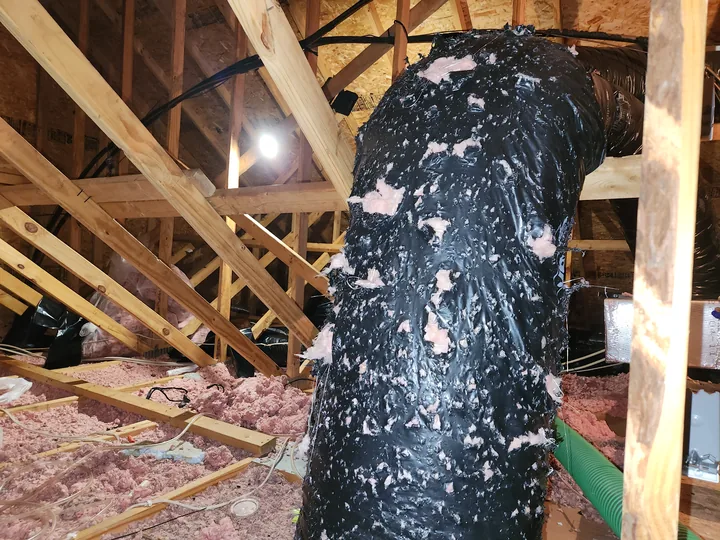 A duct run in an attic with the wrap torn open and debris scattered around it.