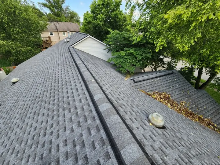 A shingled roof photographed along the ridge line, showing the ridge vent running the length of the peak.