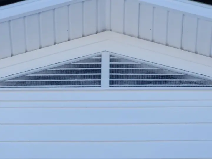A triangular gable vent with fine mesh fitted over the louvers, almost invisible from the ground.